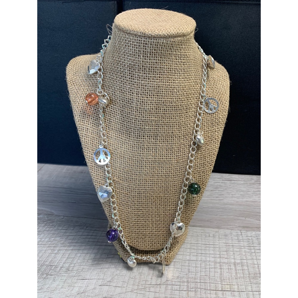 Silver Tone Peace Sign Heart Charmโ Necklace Colorful Glass Bead Boho 24 Inch